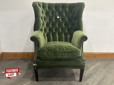 HOUSE PORTER UPRIGHT CHAIR WITH WIDE SIDE WINGS, DEEP BUTTONED DETAIL IN VELVET FOREST GREEN - RRP £3,195 (COLLECTION OR OPTIONAL DELIVERY)