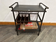 PORTNALL BLACK MARQUINA MARBLE BAR CART WITH THREE LEATHER SLINGS AND ONE GLASS SHELF IN THE CENTRE - RRP £1,695 (COLLECTION OR OPTIONAL DELIVERY)