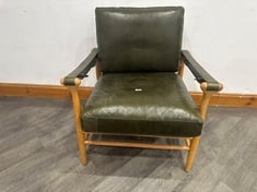 CAMPDEN AVOCADO LEATHER ARMCHAIR WITH A TAPERED OAK FRAME AND NATURAL CANE BACK RRP- £1,195 (COLLECTION OR OPTIONAL DELIVERY)
