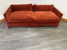 ASHFORD DEEP SEAT, ANGULAR ARMS 3 SEATER SOFA IN UPHOLSTERED COTTON VELVET RUST - RRP £3,795 (COLLECTION OR OPTIONAL DELIVERY)