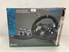LOGITECH G G920 DRIVING FORCE RACING WHEEL AND PEDALS, FORCE FEEDBACK, ANODISED ALUMINIUM, SHIFT PADDLES, LEATHER STEERING WHEEL, ADJUSTABLE PEDALS, EU PLUG, XBOX ONE/PC/MAC, BLACK ( HAS A BROKEN STE