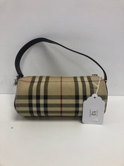 BURBERRY, BARREL BEIGE CHECKED COATED CANVAS BAGS WITH BLACK LEATHER REMOVABLE. ITEM TO INCLUDE NONE WITH AN ESTIMATED SIZE OF 19*8*8CM (ITEM INCLUDES A CERTIFICATE OF AUTHENTICITY) OAG5581