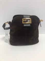 FENDI, HALF MOON FLAP BAG DARK BROWN/PURPLE SUEDE LEATHER SHOULDER BAG WITH DARK BROWN LEATHER. ITEM TO INCLUDE  WITH AN ESTIMATED SIZE OF 24*18*13CM (ITEM INCLUDES A CERTIFICATE OF AUTHENTICITY) AAY