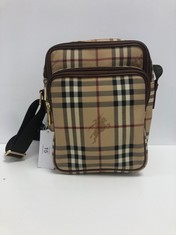 BURBERRY, SMALL FRONT POCKET CROSSBODY BEIGE/BROWN HAYMARKET CHECK COATED CANVAS SHOULDER BAG WITH BROWN CANVAS. ITEM TO INCLUDE  WITH AN ESTIMATED SIZE OF 18*23*9CM (ITEM INCLUDES A CERTIFICATE OF A