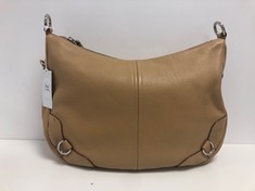 PRADA, HALF MOON HOBO TAN GRAINED LEATHER SHOULDER BAG WITH BEIGE CANVAS. ITEM TO INCLUDE STRAP WITH AN ESTIMATED SIZE OF 40*30*5CM (ITEM INCLUDES A CERTIFICATE OF AUTHENTICITY) AAY1128