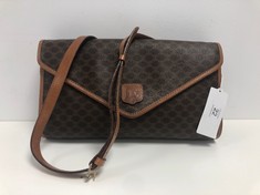 CELINE, VINTAGE FLAP CROSSBODY BROWN MACADAM COATED CANVAS SHOULDER BAG WITH BROWN LEATHER. ITEM TO INCLUDE  WITH AN ESTIMATED SIZE OF 30*17*6CM (ITEM INCLUDES A CERTIFICATE OF AUTHENTICITY) AAX1945