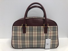 BURBERRY, FRONT POCKET BOSTON BEIGE/BURGUNDY NOVA CHECK CANVAS HANDBAG WITH BURGUNDY LEATHER. ITEM TO INCLUDE  WITH AN ESTIMATED SIZE OF 33*22*14CM (ITEM INCLUDES A CERTIFICATE OF AUTHENTICITY) AAY10