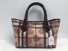 BURBERRY, HEART NOVA CHECK BORDEAUX HEART CHECKED MONOGRAM CANVAS BAGS WITH BORDEAUX LEATHER. ITEM TO INCLUDE CHARM WITH AN ESTIMATED SIZE OF 30*22*12CM (ITEM INCLUDES A CERTIFICATE OF AUTHENTICITY)