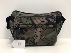 VALENTINO, CAMOUFLAGE BANANE ARMY GREEN NYLON CAMOUFLAGE CANVAS BAGS WITH BLACK LEATHER. ITEM TO INCLUDE NONE WITH AN ESTIMATED SIZE OF 24*21*7CM (ITEM INCLUDES A CERTIFICATE OF AUTHENTICITY) OAG5555