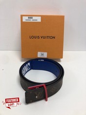 LOUIS VUITTON, LTD. ED. REVERSIBLE NBA BROWN MONOGRAM CANVAS BELT WITH BLUE SIDE STRAP WITH NBA LOGO. ITEM TO INCLUDE BOX, DUSTBAG WITH AN ESTIMATED SIZE OF 90*4CM (ITEM INCLUDES A CERTIFICATE OF AUT