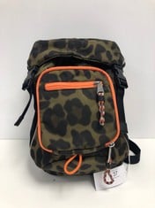 BURBERRY, LEOPARD BELT BAG OLIVE/ORANGE LEOPARD PRINT NYLON CANVAS BACKPACK WITH BLACK CANVAS. ITEM TO INCLUDE  WITH AN ESTIMATED SIZE OF 22*32*2CM (ITEM INCLUDES A CERTIFICATE OF AUTHENTICITY) AAY08
