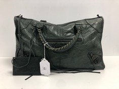 BALENCIAGA, WEEKENDER BAG DARK GREEN DISTRESSED LEATHER SHOULDER BAG WITH DARK GREEN LEATHER. ITEM TO INCLUDE MIRROR ON STRAP WITH AN ESTIMATED SIZE OF 45*27*19CM (ITEM INCLUDES A CERTIFICATE OF AUTH
