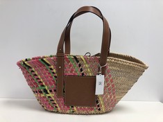 LOEWE, LARGE BASKET TOTE BEIGE/BROWN/PINK RAFFIA STRAW SHOULDER BAG WITH BROWN LEATHER. ITEM TO INCLUDE DUSTBAG WITH AN ESTIMATED SIZE OF 30*26*16CM (ITEM INCLUDES A CERTIFICATE OF AUTHENTICITY) AAY0