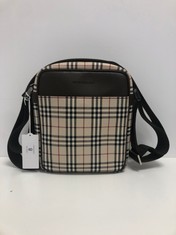 BURBERRY, FRONT POCKET CROSSBODY BEIGE/BROWN NOVA CHECK CANVAS SHOULDER BAG WITH BROWN CANVAS. ITEM TO INCLUDE  WITH AN ESTIMATED SIZE OF ""18*22*6,5CM" (ITEM INCLUDES A CERTIFICATE OF AUTHENTICITY)