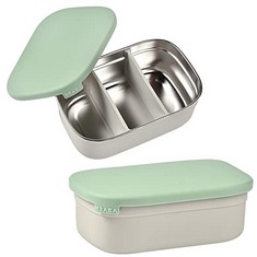 20 X BÉABA LUNCHBOX FOR CHILDREN, LUNCHBOX, BENTO, STAINLESS STEEL LUNCHBOX, LEAK-PROOF, WITH COMPARTMENTS, SILICONE SLEEVE, 760 ML, GREY/GREEN.
