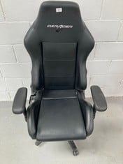 DXRACER BLACK LEATHER GAMING CHAIR (ONE WHEEL IS MISSING).