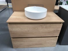 BATHROOM VANITY UNIT WITH WASHBASIN AND DRAWERS IN OAK COLOUR INCLUDING MIRROR .