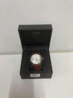 MENS LOUIS LACOMBE CHRONOGRAPH WATCH MULTI FUNCTION DIAL WITH DATE ROMAN NUMERAL DIAL LEATHER STRAP GIFT BOX