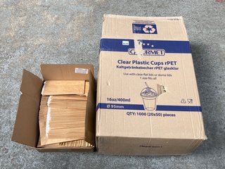 BOX OF CRAFT PAPER BAGS IN BROWN TO INCLUDE GOURMET CLEAR PLASTIC CUPS 400ML 1000PCS: LOCATION - H16