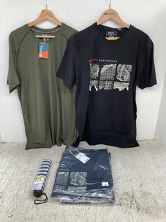 QTY OF ASSORTED MOUNTAIN WAREHOUSE MENS CLOTHES TO INCLUDE AERO II ISOCOOL SHORT SLEEVE T-SHIRT IN DARK KHAKI UK SIZE L: LOCATION - E15