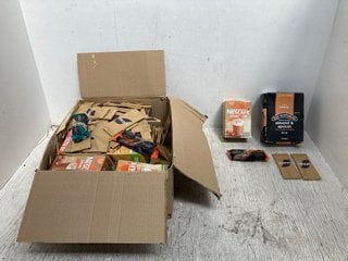 QTY OF ASSORTED COFFEE AND FOOD TO INCLUDE NESCAFE CARAMEL LATTE PACKETS - BEST BEFORE: 01/2025 AND FOOD CONNECTIONS CHOCOLATE CARAMEL FLAVOUR FLAPJACK - BEST BEFORE: 31/08/24: LOCATION - I6