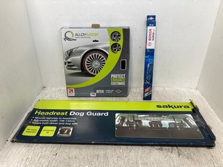 QTY OF ASSORTED CAR ITEMS TO INCLUDE ALLOYGATOR ALLOY WHEEL PROTECTION & SAKURA HEADREST DOG GUARD: LOCATION - I4