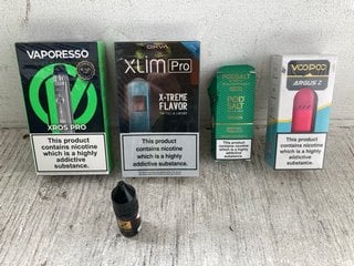 QTY OF ASSORTED VAPE PRODUCTS TO INCLUDE VAPORESSO XROS PRO POD AND POD SALT MENTHOL TOBACCO LIQUID POD (PLEASE NOTE: 18+YEARS ONLY. ID MAY BE REQUIRED): LOCATION - J17