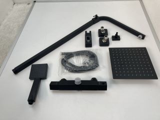 THERMOSTATIC BAR SHOWER VALVE IN BLACK WITH SQUARE FIXED SHOWER HEAD MULTI FUNCTION HANDSET & HOSE - RRP £625: LOCATION - R1