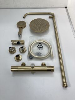 THERMOSTATIC BAR SHOWER VALVE IN BRUSHED BRASS WITH ROUND FIXED SHOWER HEAD MULTI FUNCTION HANDSET & HOSE - RRP £675: LOCATION - R1