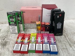 QTY OF ASSORTED VAPE ITEMS TO INCLUDE BOX OF SIKE CRYSTAL BARS 20MG - FLAVOUR PEACH ICE (PLEASE NOTE: 18+YEARS ONLY. ID MAY BE REQUIRED): LOCATION - WA5
