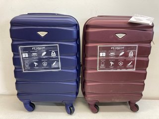2 X FLIGHT KNIGHT 4 WHEELED HARD SHELL CABIN SUITCASES IN NAVY/PLUM: LOCATION - BOOTH
