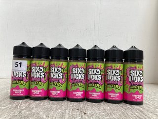 7 X SIX LICKS TONGUE AND TWISTERS RASPBERRY APPLE E-LIQUID 100ML (PLEASE NOTE: 18+YEARS ONLY. ID MAY BE REQUIRED): LOCATION - WA1