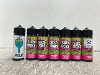 6 X SIX LICKS TONGUE AND TWISTERS RASPBERRY APPLE E-LIQUID 100ML TO INCLUDE 100ML SHORTFALL UNREAL BLUE RASPBERRY VAPE LIQUID (PLEASE NOTE: 18+YEARS ONLY. ID MAY BE REQUIRED): LOCATION - WA1