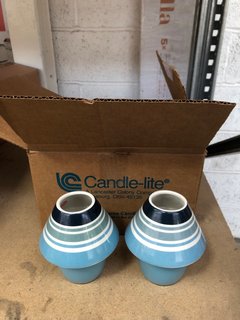 4 X CANDLE POTS WITH CONE TOPS IN BLUE STRIPE COLOURS: LOCATION - AR7