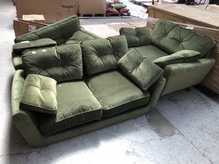 3 PC SOFA SET IN GREEN PLUSH FABRIC WITH ROUNDED CORNERS TO INCLUDE 1 X LARGE SINGLE SEATER & 2 X 2 SEATER: LOCATION - B1