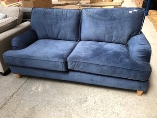LARGE 2 SEATER BLUE PLUSH FABRIC SOFA WITH NATURAL WOODEN LEGS: LOCATION - B1