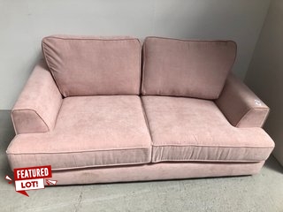 LARGE 2 SEATER BABY PINK COLOUR FABRIC SOFA WITH DARK WOOD LEGS: LOCATION - B1