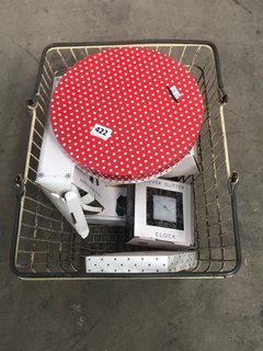 QTY OF ASSORTED ITEMS TO INCLUDE SMALL WALL/TABLE CLOCK ALSO TO INCLUDE WHITE/RED POLKA DOT CHINA PLATE: LOCATION - B8