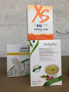 (COLLECTION ONLY) 3 X ITEMS TO INCLUDE XS ORANGE & LIME BB 10/2024, BODY KEY MEAL SOUP FOR WEIGHT CONTROL BB 07/2024 & AMWAY DISHWASHER TABLETS: LOCATION - BR13