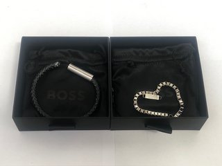 BOSS CHAIN FOR HIM MENS BRACELET IN SILVER TO INCLUDE BOSS BRAIDED LEATHER BLACK BRACELET: LOCATION - B18