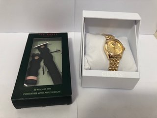 TED BAKER BLACK WAVY LEATHER STRAP 38MM / 40 MM COMPATIBLE WITH APPLE WATCH TO INCLUDE GUESS BRILLIANT WOMENS WATCH IN GOLD: LOCATION - B19