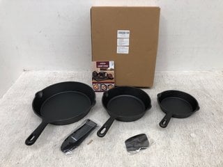 2 X SETS OF 3 OVERMONT CAST IRON MULTI-SIZE FRYING PANS: LOCATION - C20
