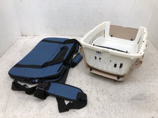 SMALL CAT CARRIER IN BEIGE TO INCLUDE FABRIC CAT CARRIER IN BLUE: LOCATION - C8