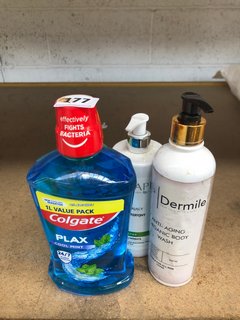 (COLLECTION ONLY) QTY OF HEALTHCARE ITEMS TO INCLUDE COLGATE PLAX COOL MINT MOUTHWASH AND DERMILE ANTI-ORGANIC BODY WASH 500ML: LOCATION - BR4