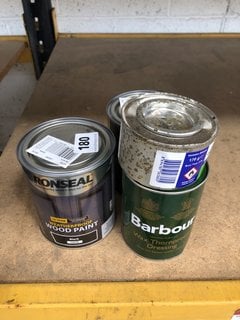 (COLLECTION ONLY) QTY OF ASSORTED ITEMS TO INCLUDE BARBOUR WAX THORNPROOF DRESSING 400ML AND RONSEAL WEATHERPROOF WOOD PAINT IN SATIN BLACK 750ML (PLEASE NOTE: 18+YEARS ONLY. ID MAY BE REQUIRED): LOC