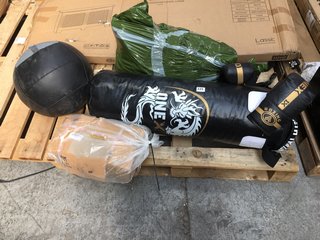 QTY OF ASSORTED SPORTS/EXERCISE GOODS TO INCLUDE ONEX PUNCHING BAG AND BIONIC BODY 10KG MEDICINE BALL: LOCATION - A2