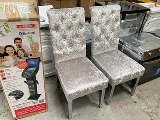 2 X FABRIC DINING CHAIRS IN SILVERY FINISH, WITH POLISHED TRIMMINGS: LOCATION - A1