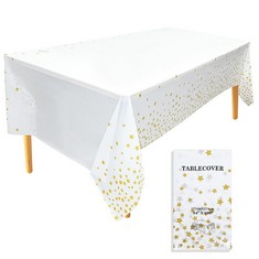 60 X ADQUATOR 1PCS 137X274CM GOLD STAR WHITE PLASTIC TABLECLOTH,CONFETTI TABLE COVER RECTANGULAR PARTY TABLE COVER FOR PICNIC, BABY SHOWER, HALLOWEEN, CHRISTMAS DECORATIONS - TOTAL RRP £175: LOCATION