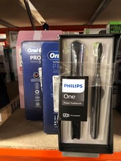 QTY OF ITEMS TO INCLUDE PHILIPS ONE RECHARGEABLE TOOTHBRUSH - ELECTRIC TOOTHBRUSH IN SHADOW BLACK (MODEL HY1200/26): LOCATION - A RACK