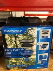 QTY OF ITEMS TO INCLUDE CAMPINGAZ PARTY GRILL, SMALL CAMPING BBQ-GRILL AND GAS STOVE, WITH FLEXIBLE COOKING OPTIONS, GAS COOKER WITH NON-STICK COATED GRILL PLATE AND POT RACK, 2000 WATTS POWER, RUNS